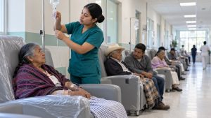 Enfermera ajusta el gotero de una mujer mayor en un sillón de observación, en un pasillo de urgencias con más pacientes