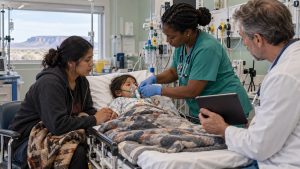 Niño pequeño con mascarilla de oxígeno en una camilla de adultos, su madre al lado, una enfermera y un médico con una tableta