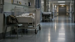 Cuna hospitalaria con manta infantil y un peluche en un pasillo de urgencias, con un ascensor cerrado al fondo