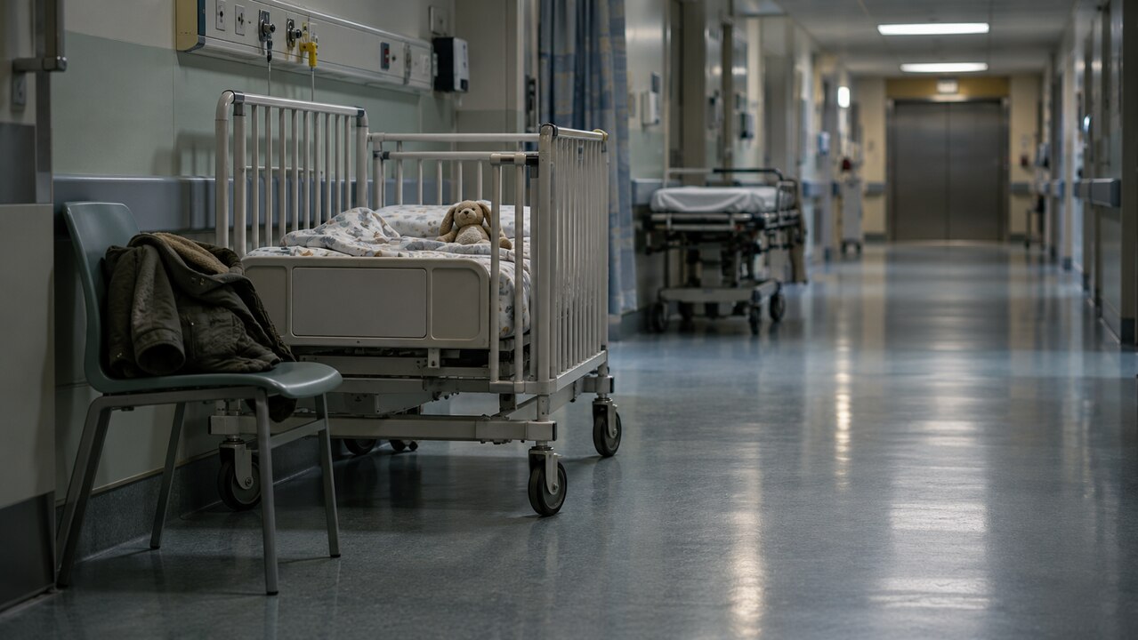 Cuna hospitalaria con manta infantil y un peluche en un pasillo de urgencias, con un ascensor cerrado al fondo