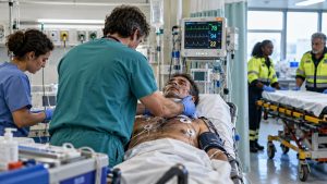 Médica de urgencias al teléfono junto a un paciente con gafas nasales; dos técnicos esperan en la puerta con una camilla
