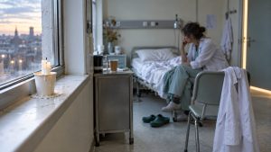 Cuarto de guardia de madrugada con cama deshecha, zuecos, bata en una silla y una vela consumida en la ventana