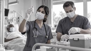 Médica que mira un tubo de muestra a contraluz y enfermero que lo guarda en una gradilla; al fondo, paciente con mascarilla