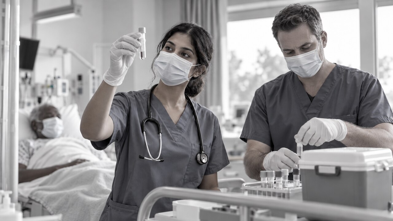 Médica que mira un tubo de muestra a contraluz y enfermero que lo guarda en una gradilla; al fondo, paciente con mascarilla